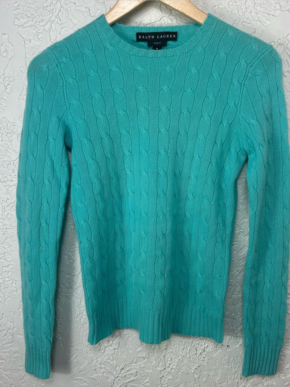 RALPH LAUREN Cashmere Aqua Blue Slim Fit Crew Neck Sweater Size M